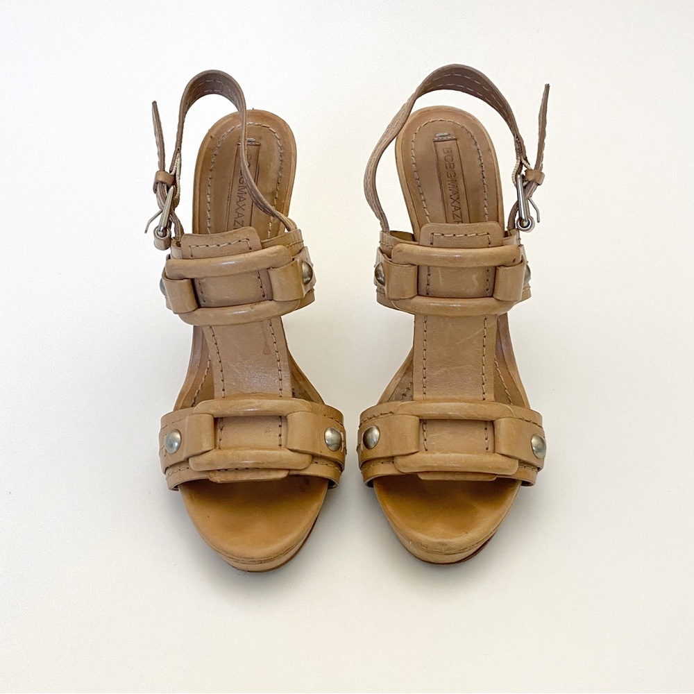 BCBG Maxamaria Tan Leather Platform Sandal Heels Size 7